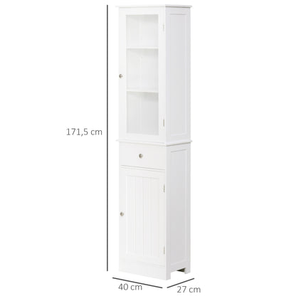 kleankin Bathroom Storage Cabinet with 3-tier Shelf Drawer Glass Door, Floor Cabinet Free Standing Tall Slim Side Organizer Shelves