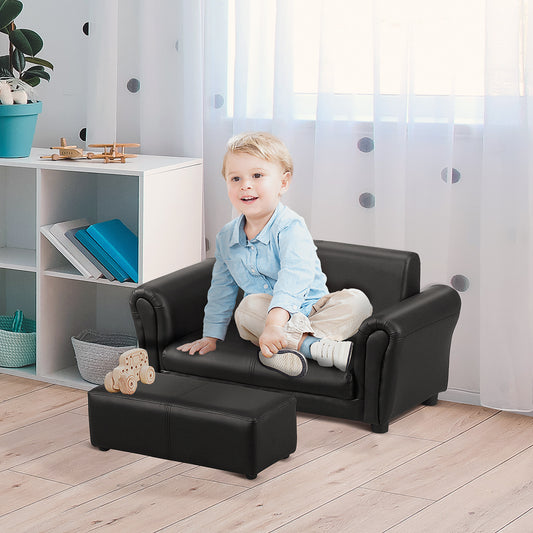 HOMCOM Toddlercouch, 2 Seater, Kids Sofa, w/ Footstool, PVC, Wood Frame, Black 