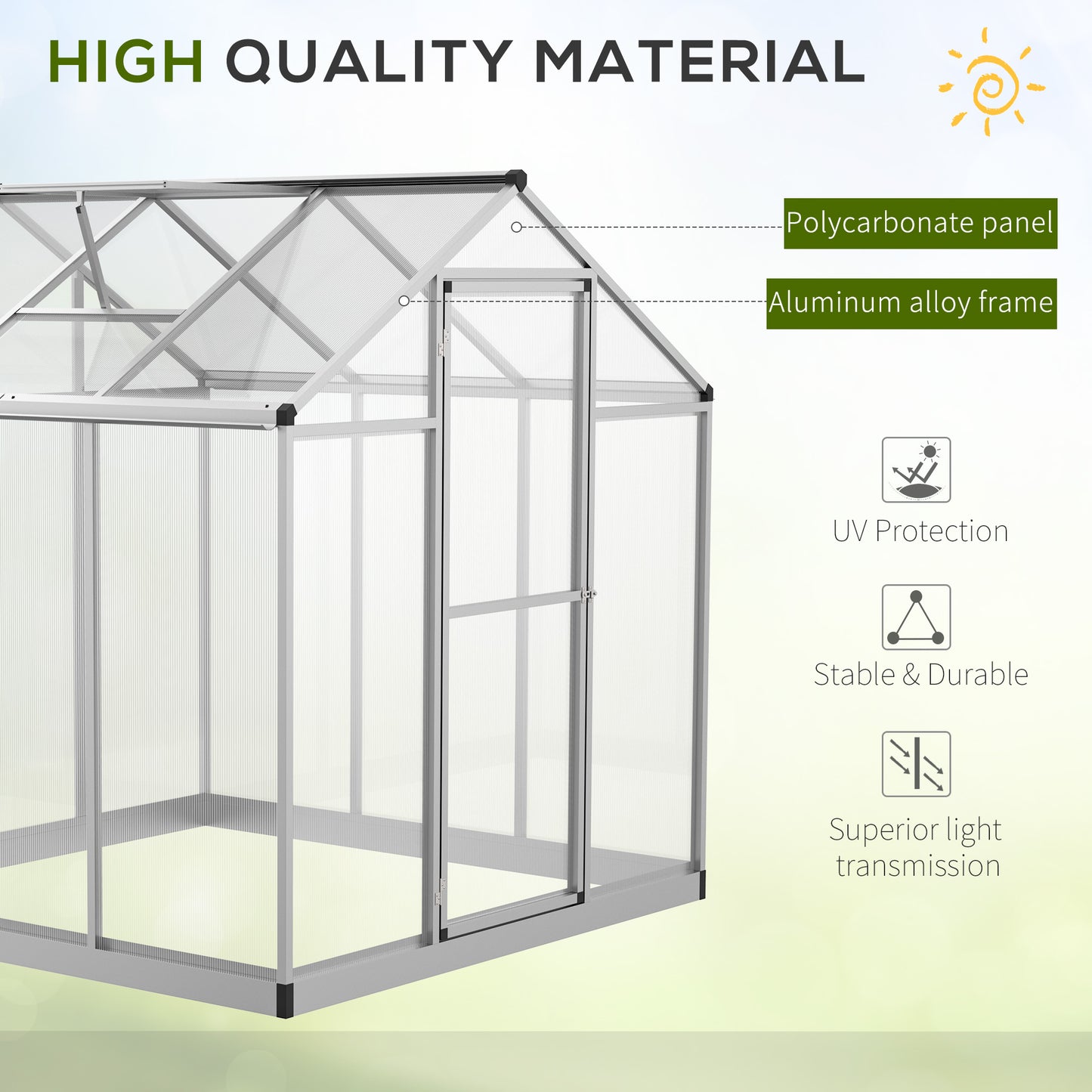 Greenhouse w/Sliding Door Window Glavanized Base 4mm PC Panels Aluminium Frame 195x182cm Outdoor