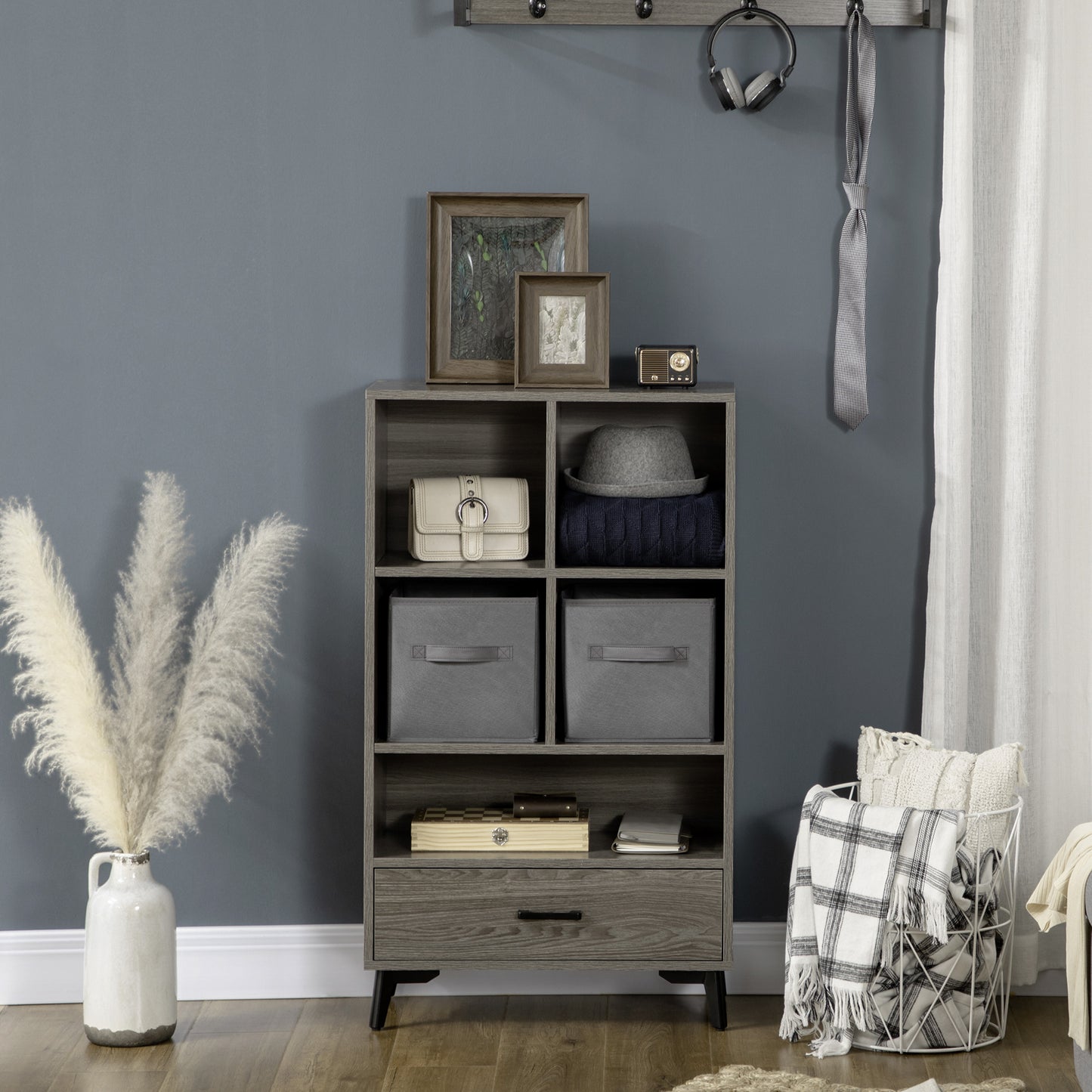 Freestanding Storage Cabinet, Display Cabinet with Storage Drawers, Bookcase for Home Office Living Room Closet Bedroom Grey