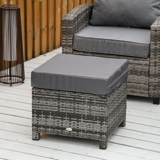 Outsunny Rattan Footstool Wicker Ottoman with Padded Seat Cushion Outdoor Patio Furniture for Backyard Garden Poolside Living Room 50x 50x35 cm Grey