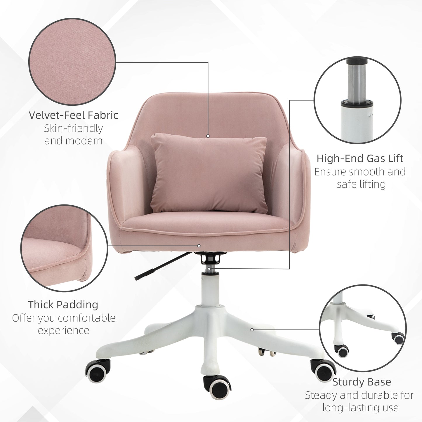 Velvet-Feel Tub Office Chair W/ Massage Pillow Wheels Adjustable Height Ergonomic Padding Luxe Home Style Seat Pink