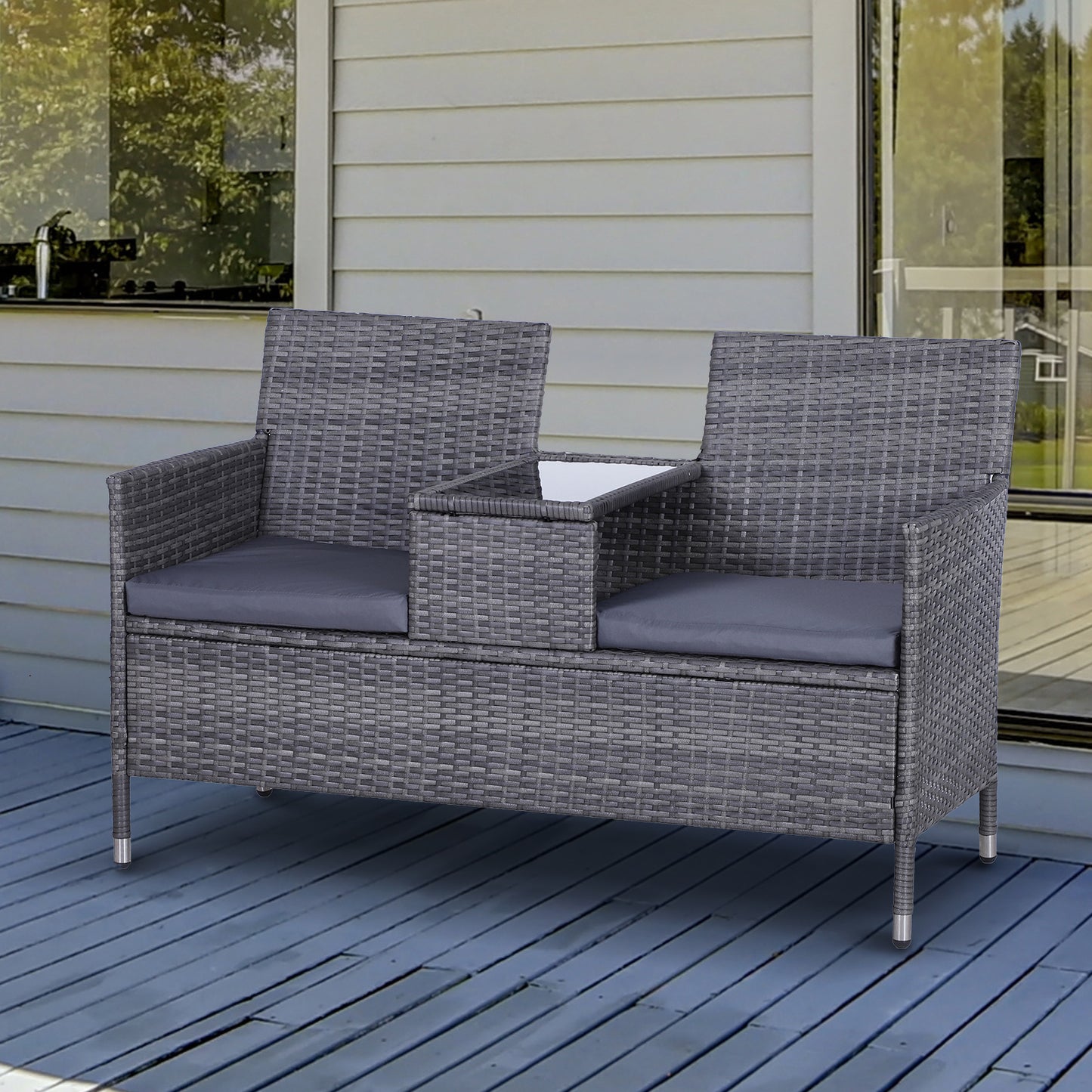 Outsunny 2-Seater PE Rattan Outdoor Garden Bench w/ Centre Table Grey 