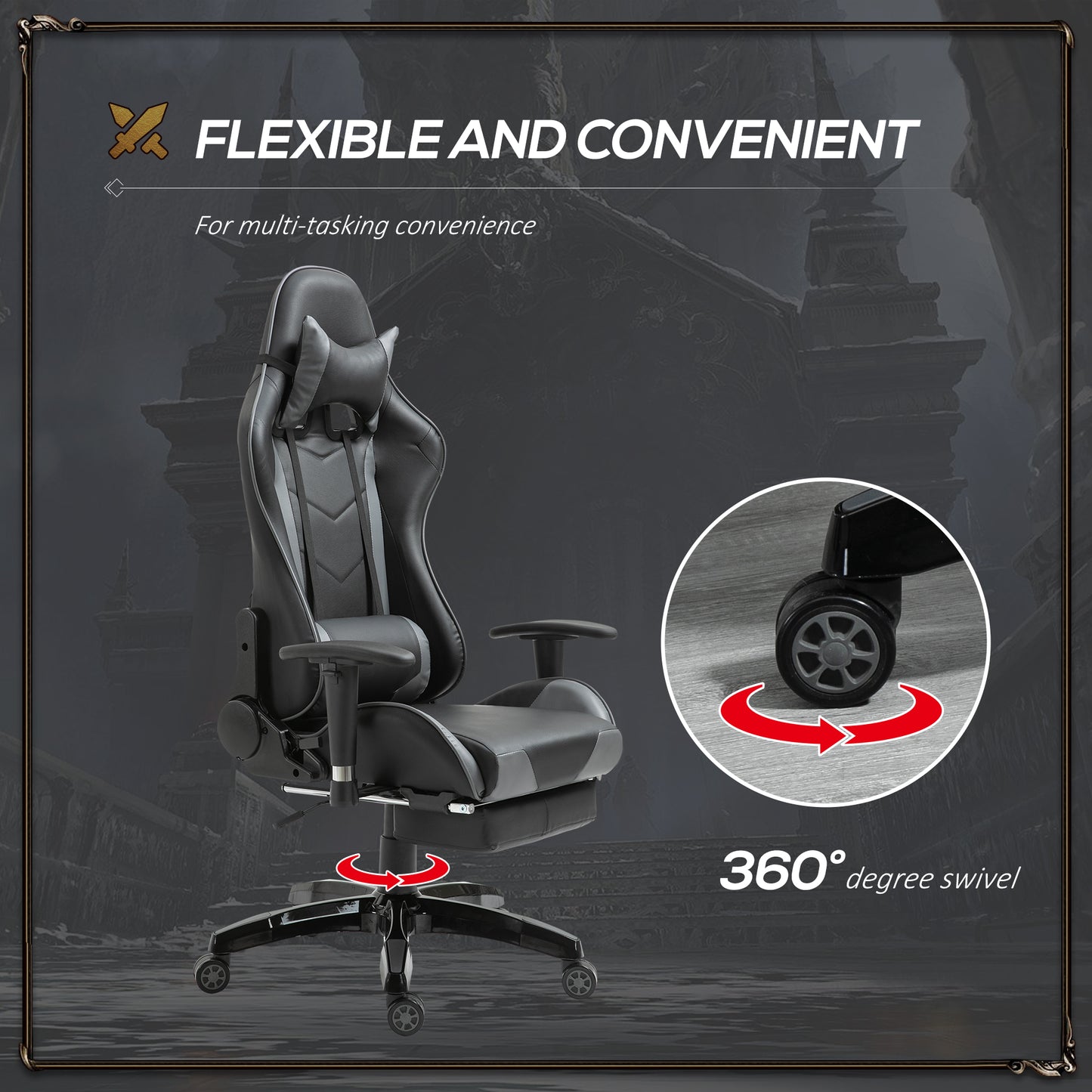 Homcom High-Back Gaming Chair Swivel Home Office Computer Racing Gamer Desk Chair Faux Leather With Footrest, Wheels, Black Grey