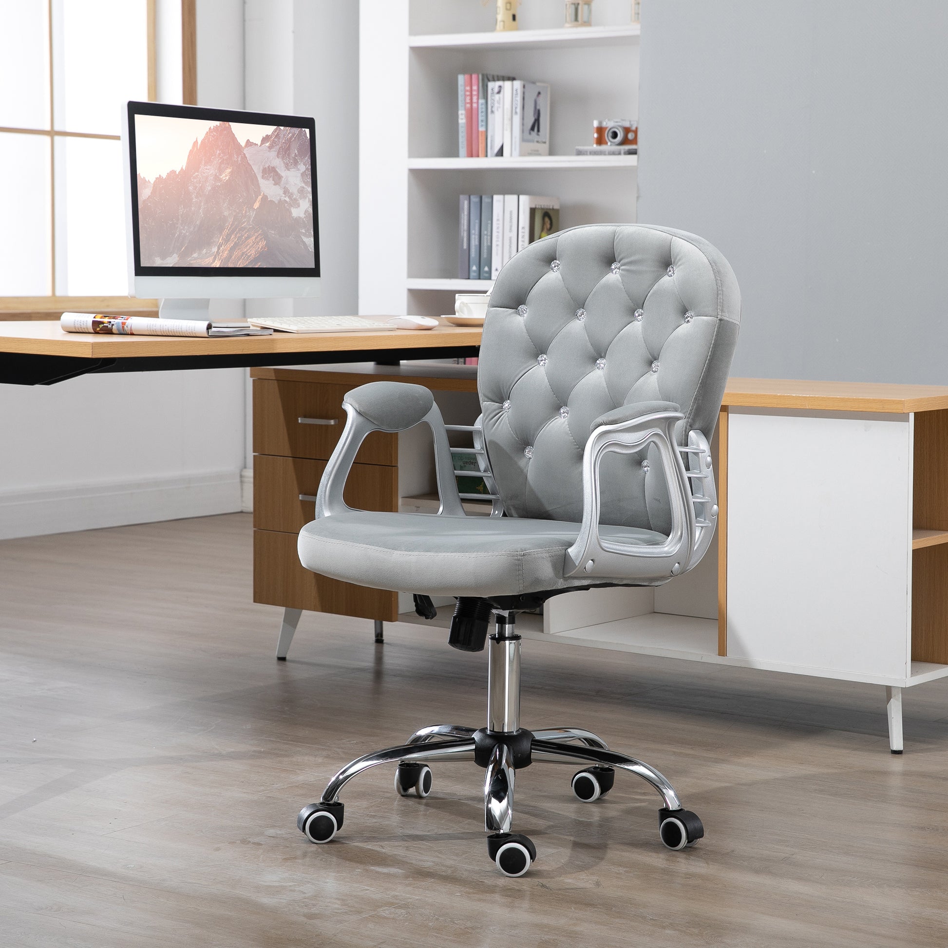 Vinsetto Velour Office Chair Diamante Tufted Padded Ergonomic 360° Swivel Desk Chair 5 Castor Wheels Home Work 