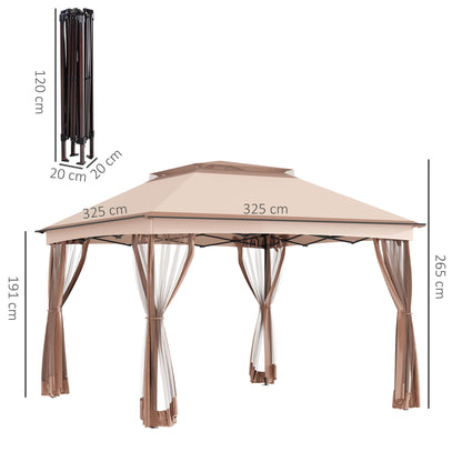 3.25 x 3.25m Pop Up Gazebo Outdoor Canopy Shelter w/2-Tier Roof Removable Zipper Sides Event Tent w/Large Shade Steel Khaki