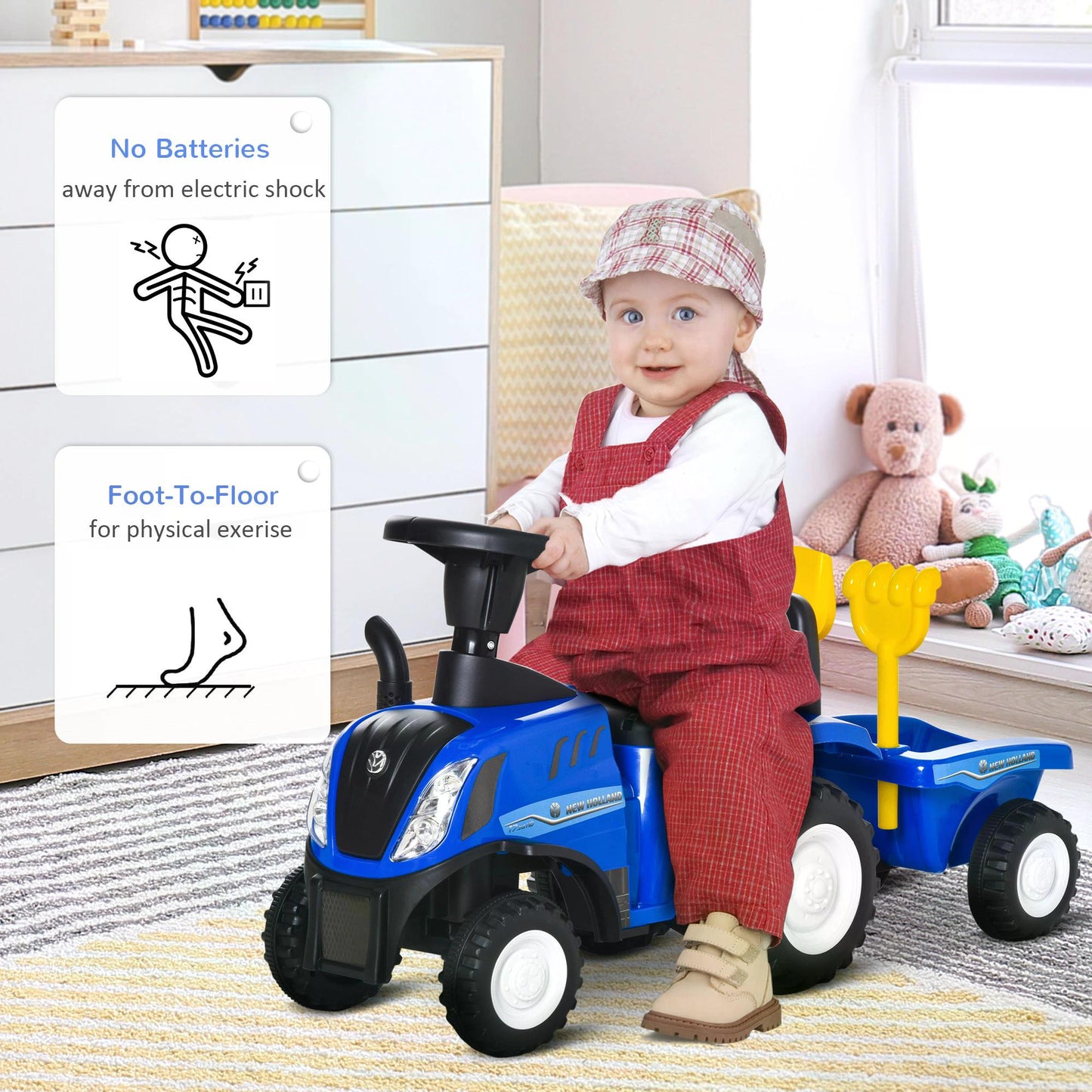 Compatible Baby Toddler Sliding Car NEW HOLLAND Licensed Foot to Floor Slider w/ Horn Storage Big Steering Wheel Blue