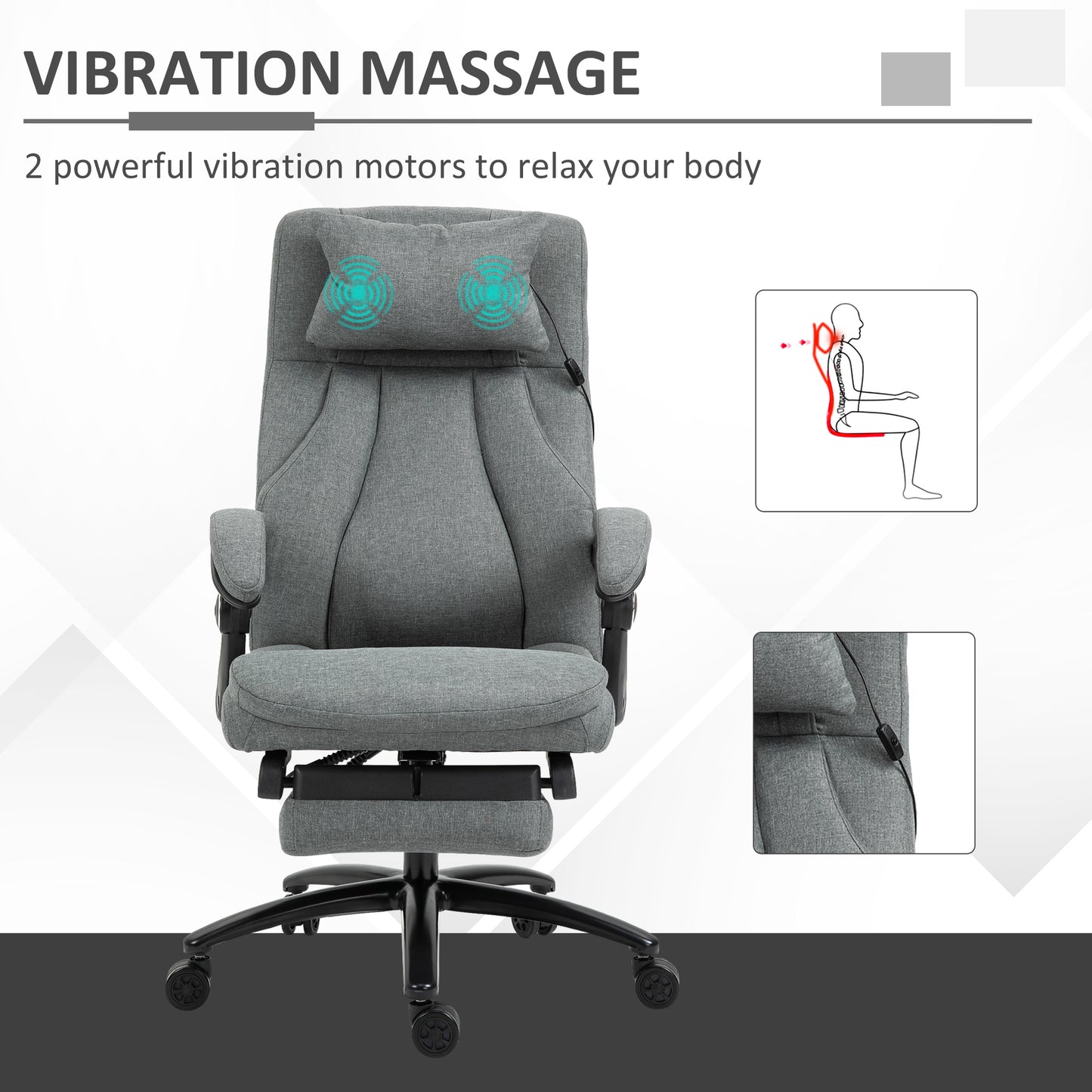 Office Chair with Footrest, Two-Point Massage Pillow, 130° Reclining, Linen, Adjustable Height, Grey