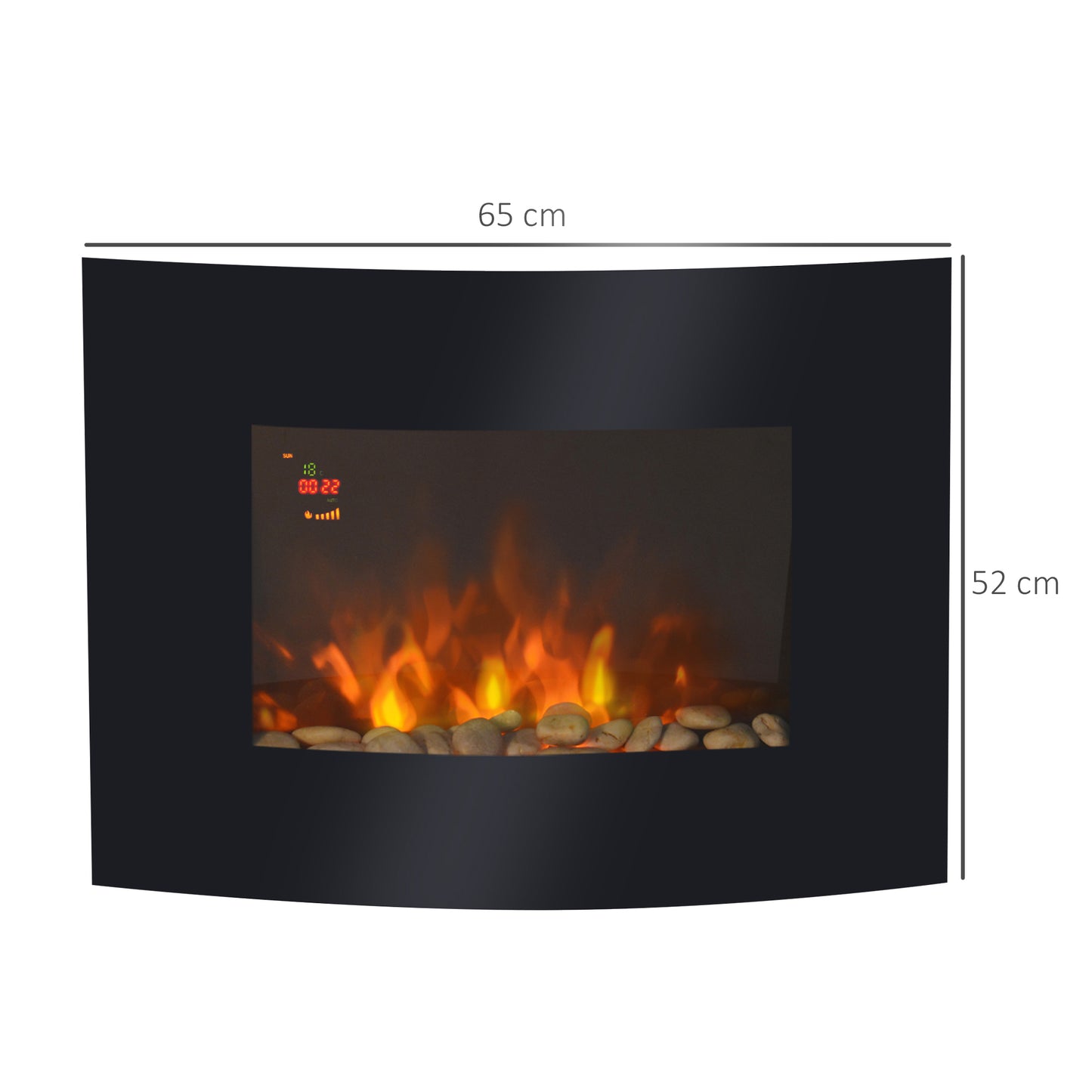 LED Curved Glass Electric Fireplace Heater Wall Mounted Fire Place, 900/1800W