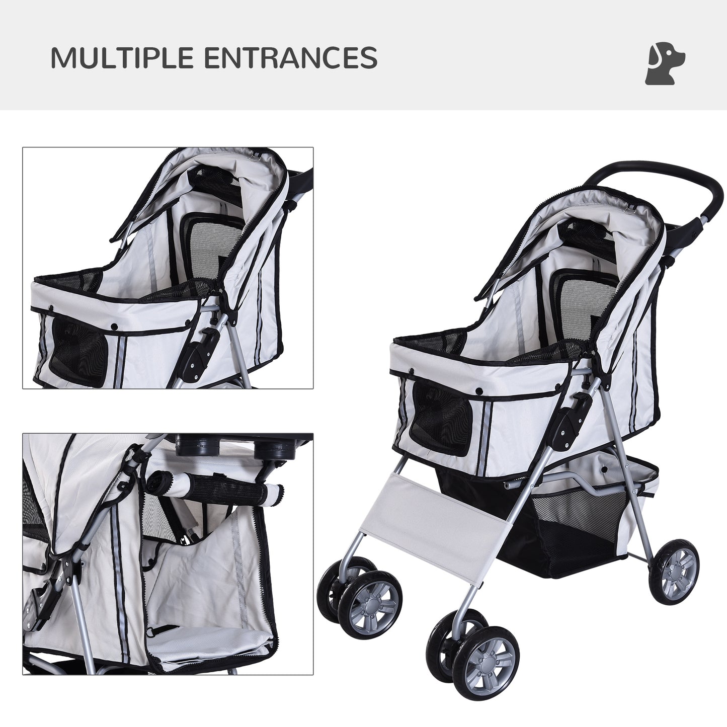 Cat Pushchair, Foldable, W/ 4 Wheels - Grey & Silver