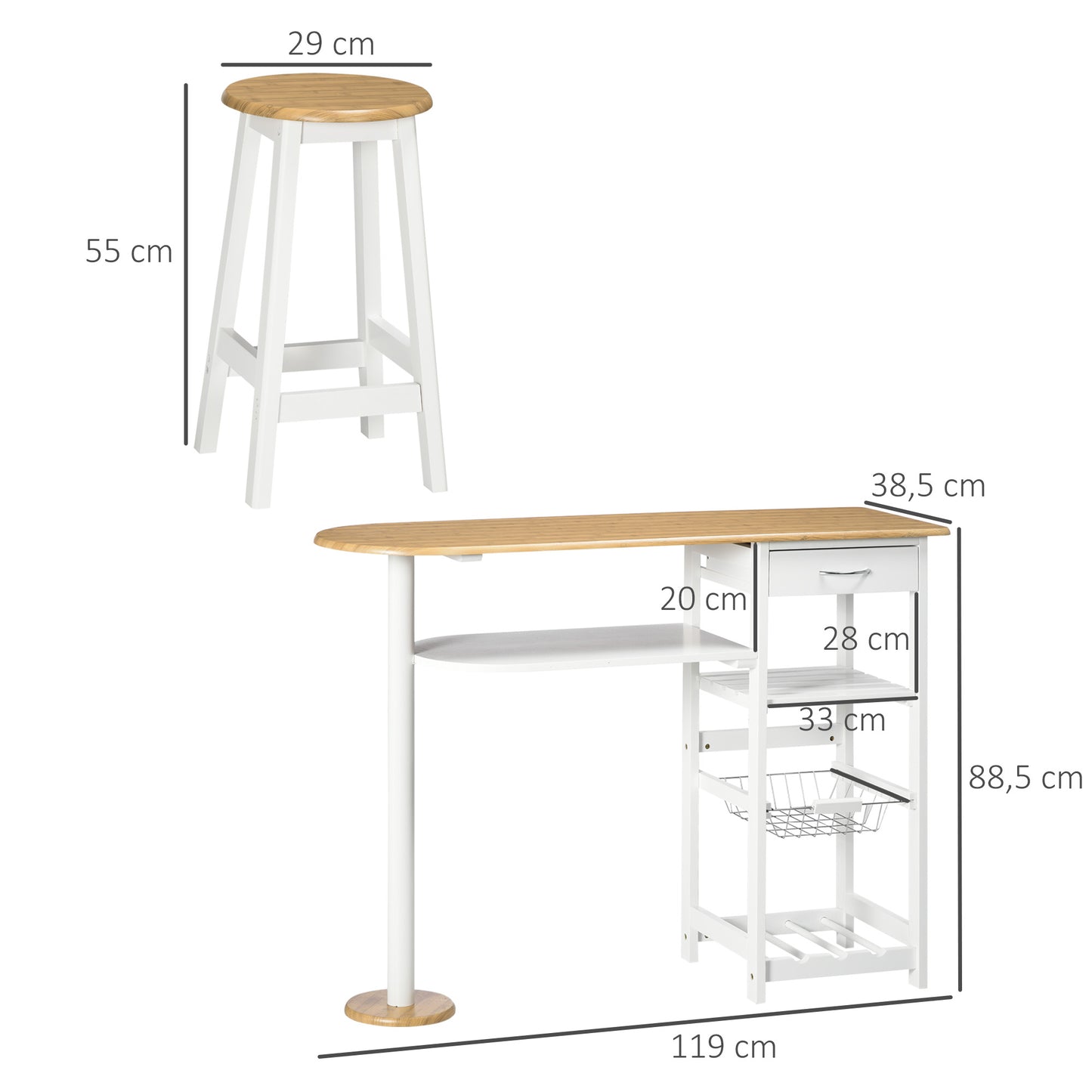 3 Piece Bar Table Set, Breakfast Bar table and Stools with Storage Shelf, Drawer, Wire Basket and Wine Rack Natural and White