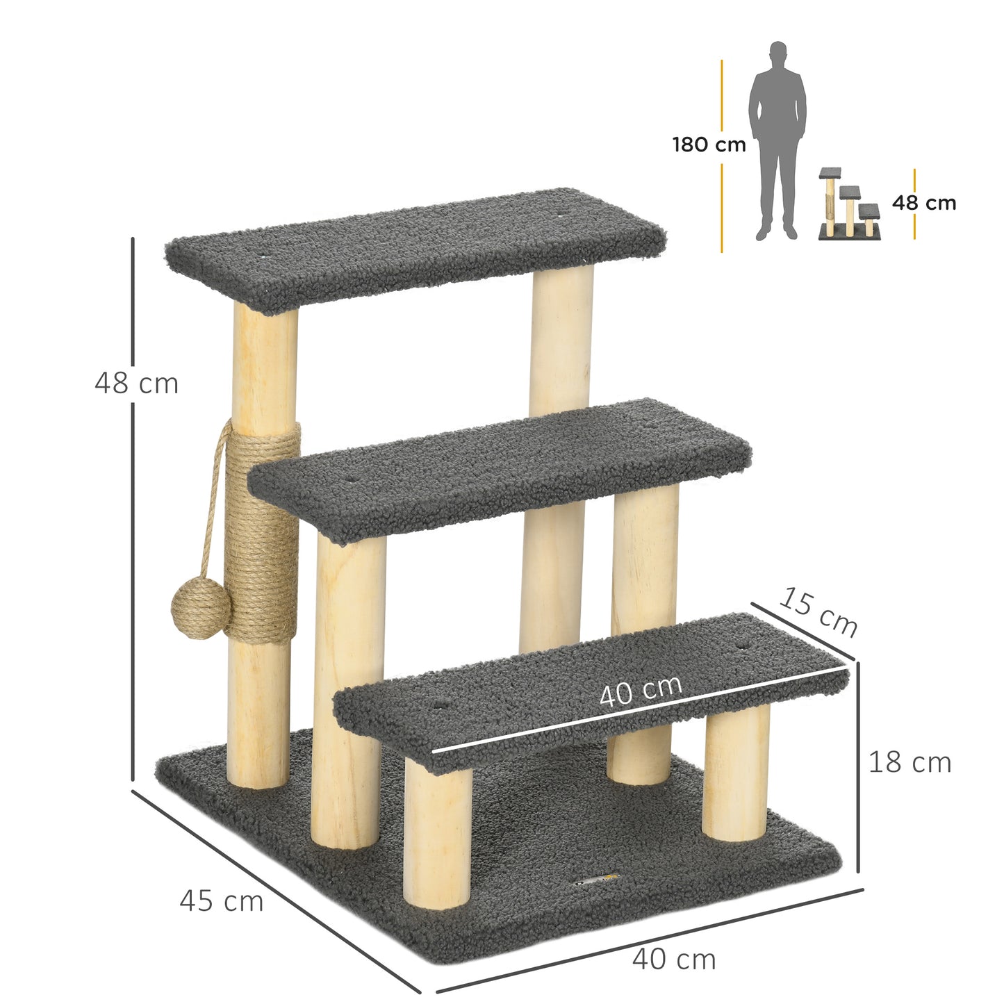 Cat Ladder, Cat Stair, Cat Ramp, for Kitten, w/ Scratching Post, Hanging Ball, Soft Touch, Three Layer, Grey