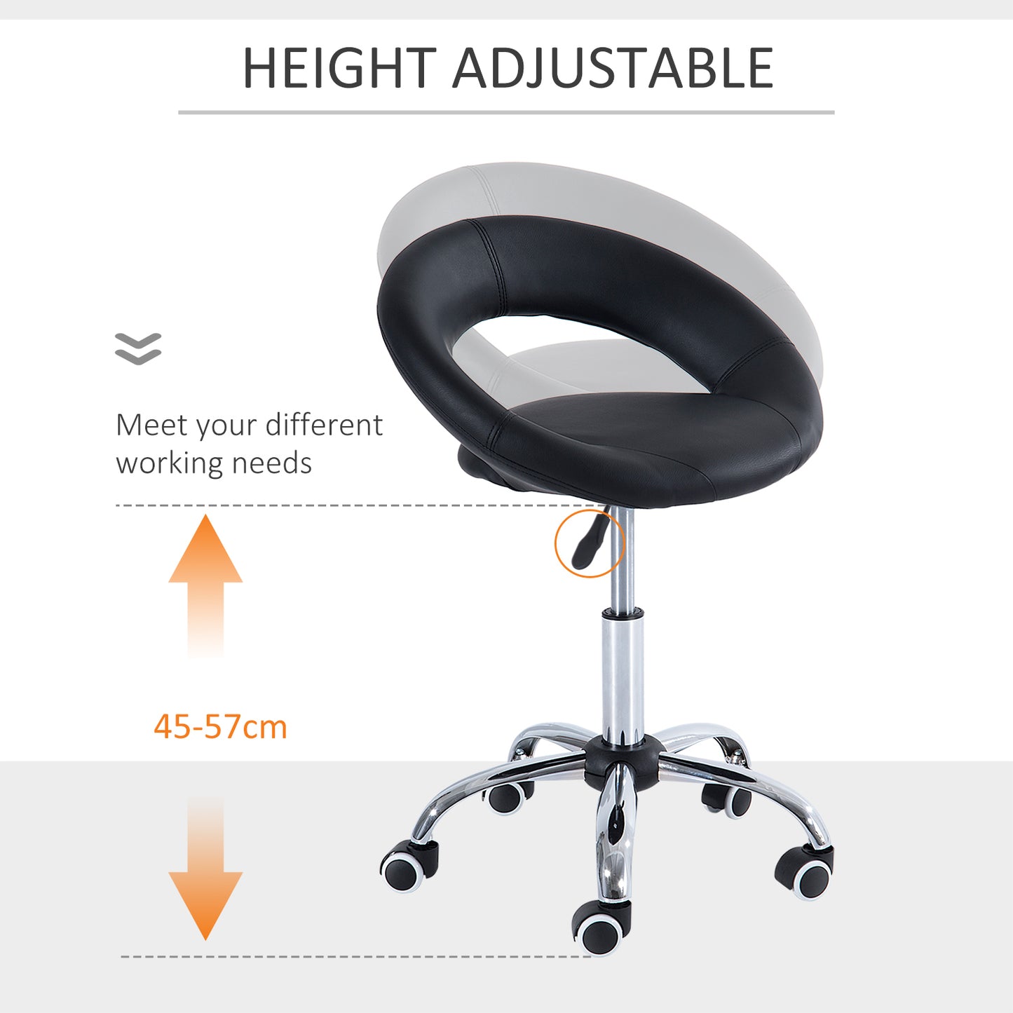 Beauty Stool, with Adjustable Height, Breathable Open Back, Foam Cushion Seat, and 5 Caster Wheels, Black