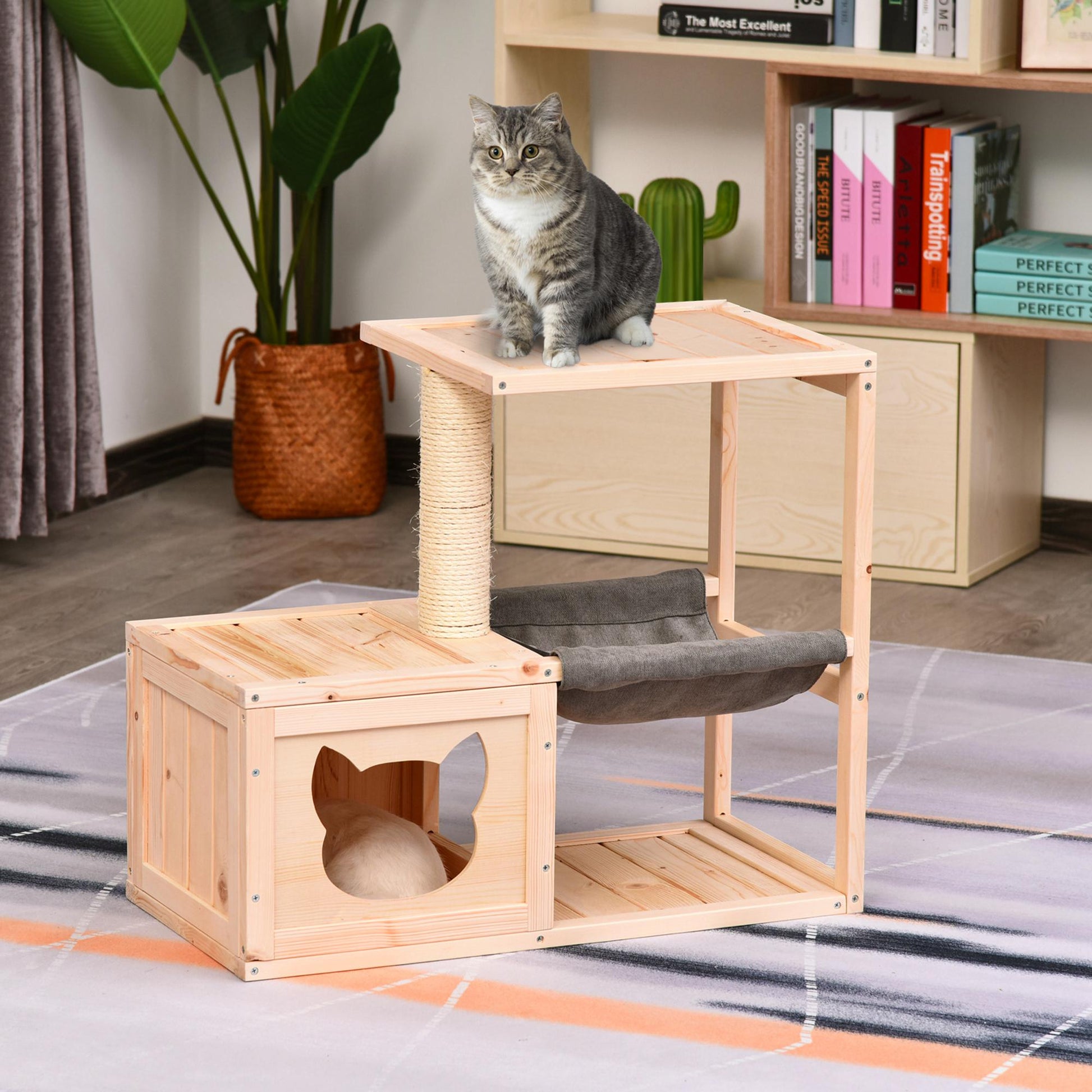 PawHut  Mult-level Cat Tree Scratcher Wooden Kittiy House Activity Center with Condo Box Jumping Platforms 