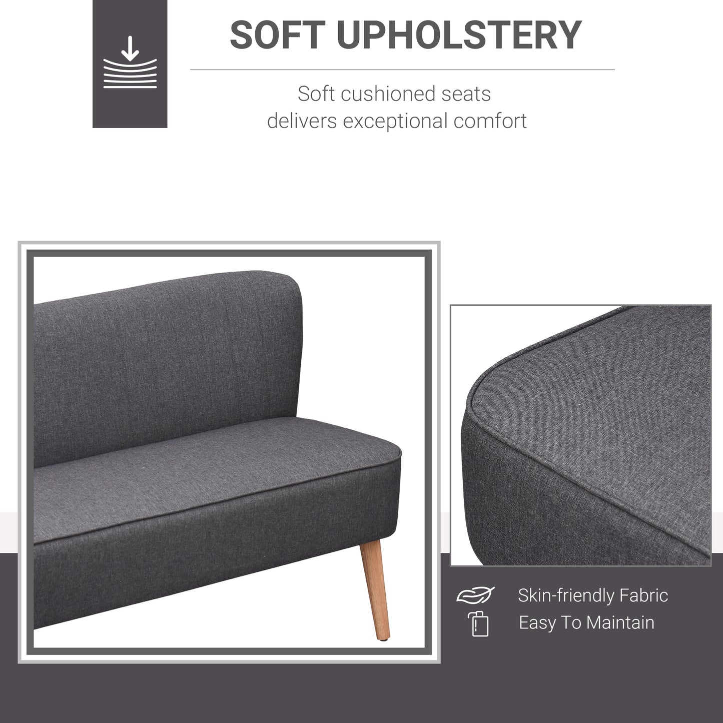 2-seater Loveseat, Armless, Double Seat, Padded Linen Wood Leg Dark Grey