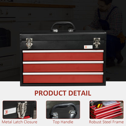 Metal Tool Box 3 Drawer Tool Chest DIY Tools Kit, Lockable with Ball Bearing Runners, Portable Toolbox, 510mm x 220mm x 320mm