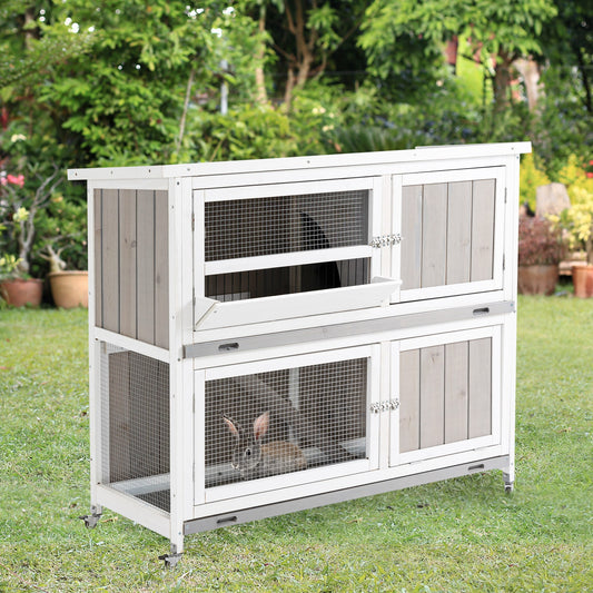 PawHut Wooden Rabbit Hutch Two-Tier Guinea Pig Cage Elevated Multi-Door Pet House Bunny Cage w/ Rain Cover, Wheels, Slide-Out Tray, Grey