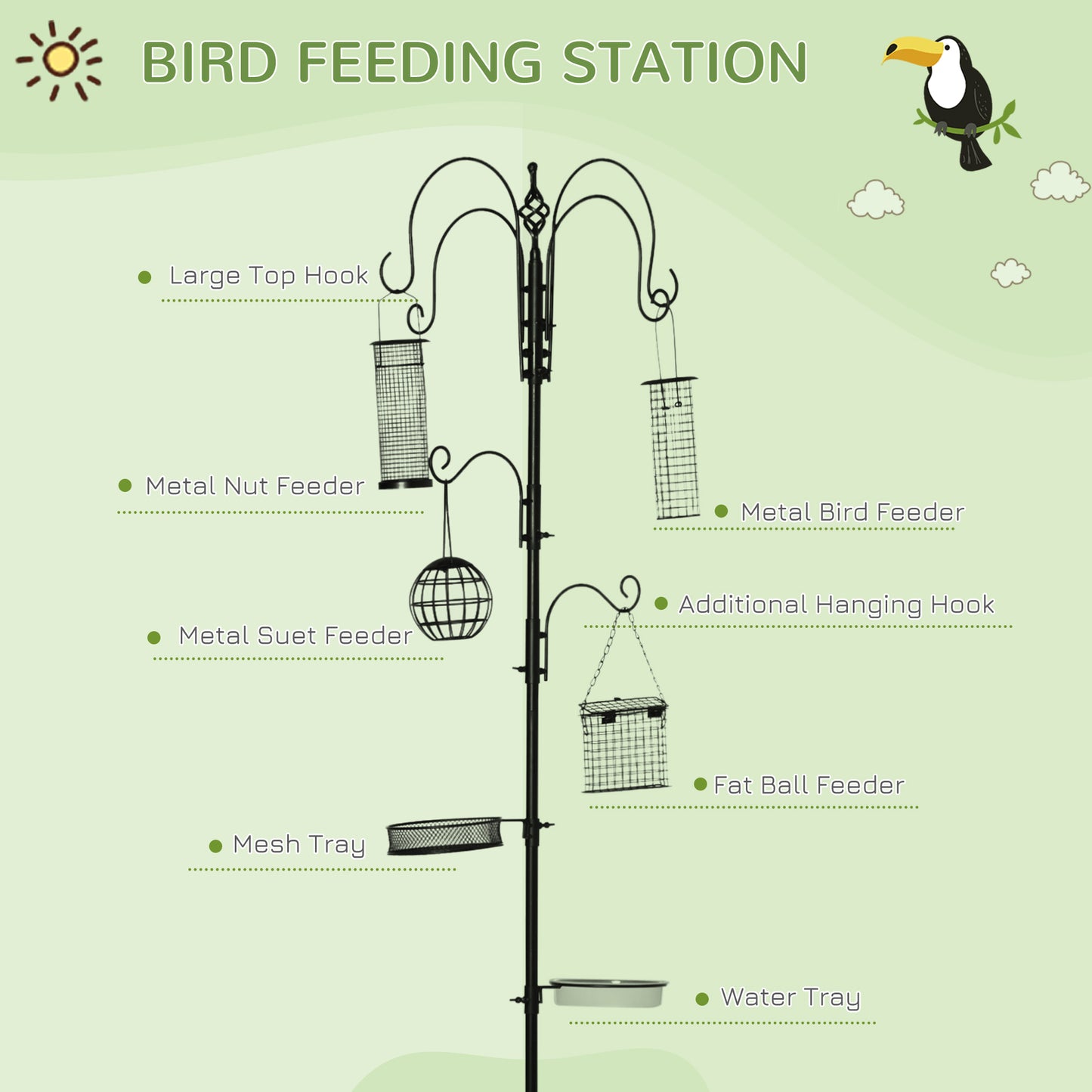 Bird Feeding Station Kit Wild Bird Feeder Pole w/ 6 Hooks 4 Hanging Feeders for Peanuts Seed Fat Balls for Garden Outdoor