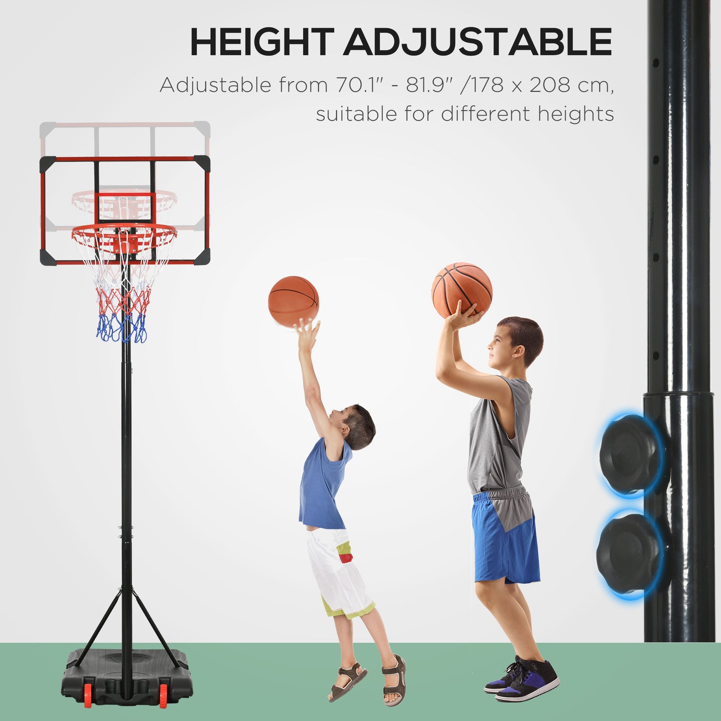 SPORTNOW Basketball Stand with Hoop, Height Adjustable, for Kids with Sturdy Backboard and Weighted Base, Portable on Wheels, 1.8-2m