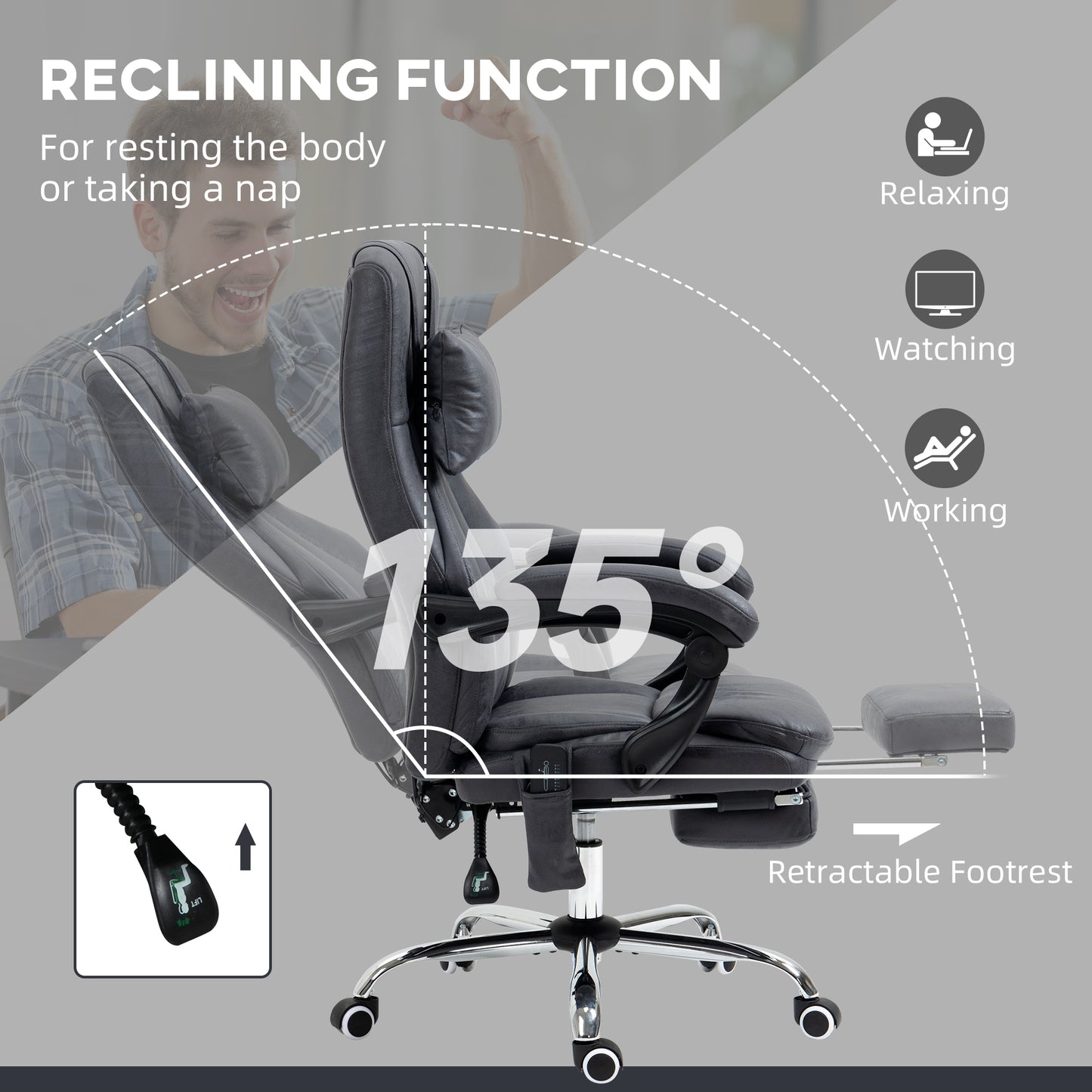 Executive Office Chair, Massage Office Chair, Office Chair, w/Headrest, Footstool, 135° Reclining, 360° Swivel Dark Grey