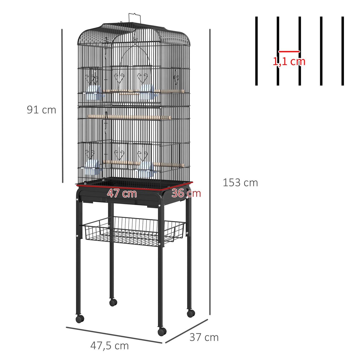 Large Pet Bird Cage Parrot Cockatiel House, 47.5Lx37Wx153Hcm-Black