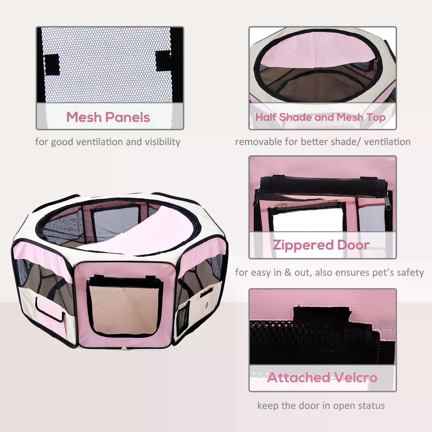 Fabric Pet Dog Playpen Portable 8 Panels Octagon Shape 37x37x95 cm-Pink/Cream