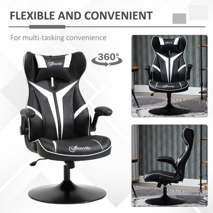 Comfy Gaming Chair, with Flip-up Armrests, 360° Swivel Base, Headrest, White