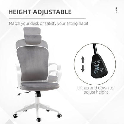 Ergonomic Office Chair High-Back Velvet Style Fabric Computer Home Rocking With Wheels, Rotatable Liftable Headrest, Grey