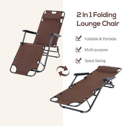 Metal Frame 2 In 1 Sun Lounger w/ Pillow Brown