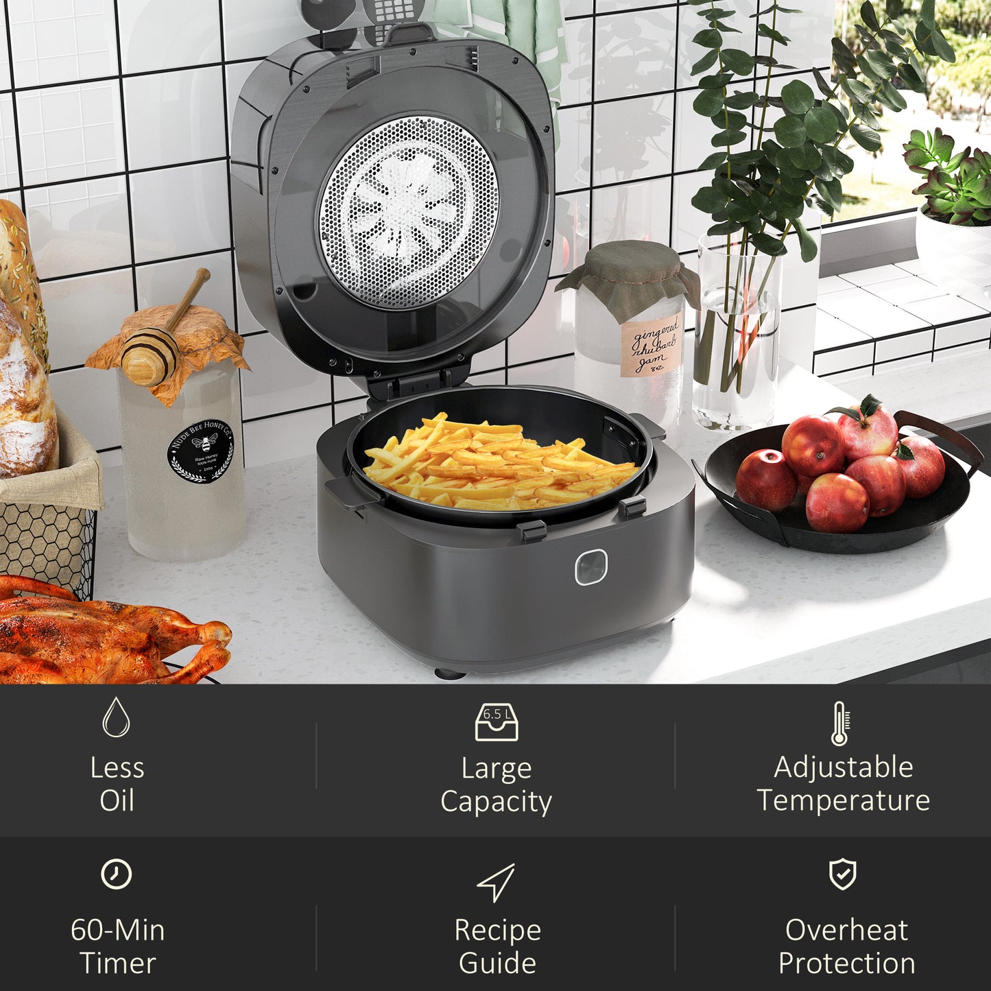 Family Air Fryer with Rapid Air Circulation and Recipes, 6.5L Oil Free Airfryer with 60-Minute Timer, Adjustable Temperature