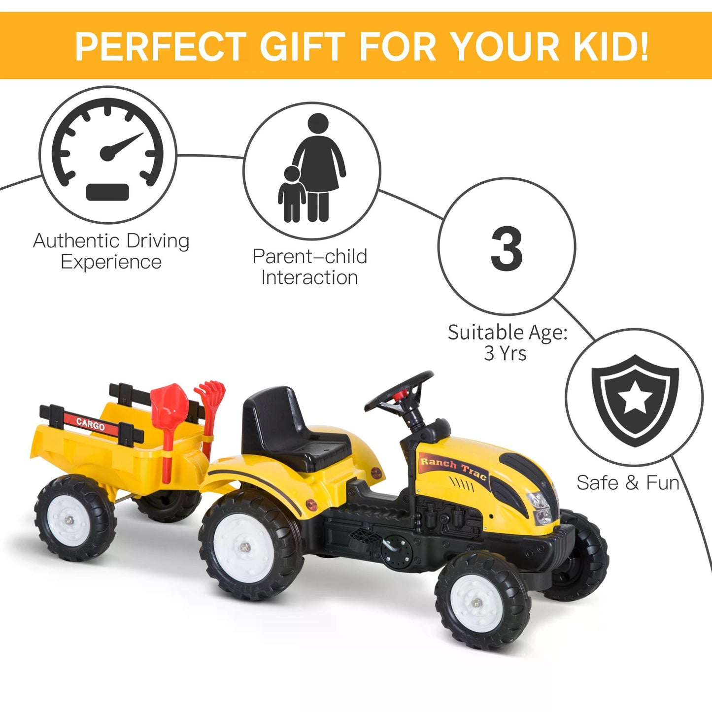 Kids Pedal Tractor with Trailer Excavator Ride on Digger Toy Construction Truck