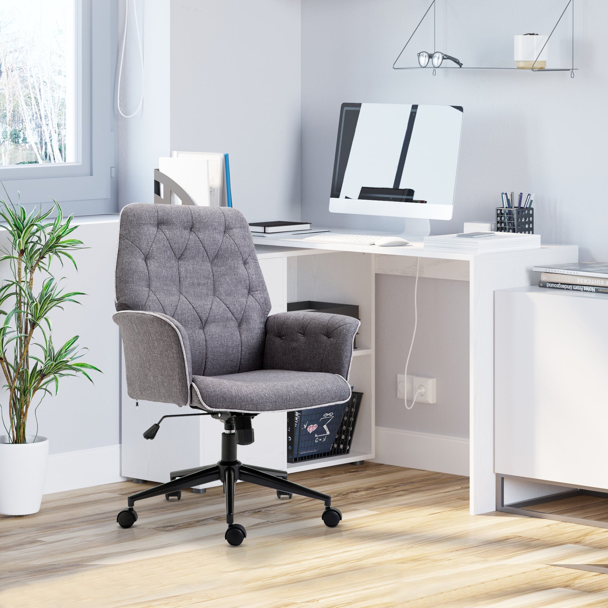 Homcom Swivel Desk Chair, Linen, Mid Back, 360° Swivel, Adjustable Height Grey 