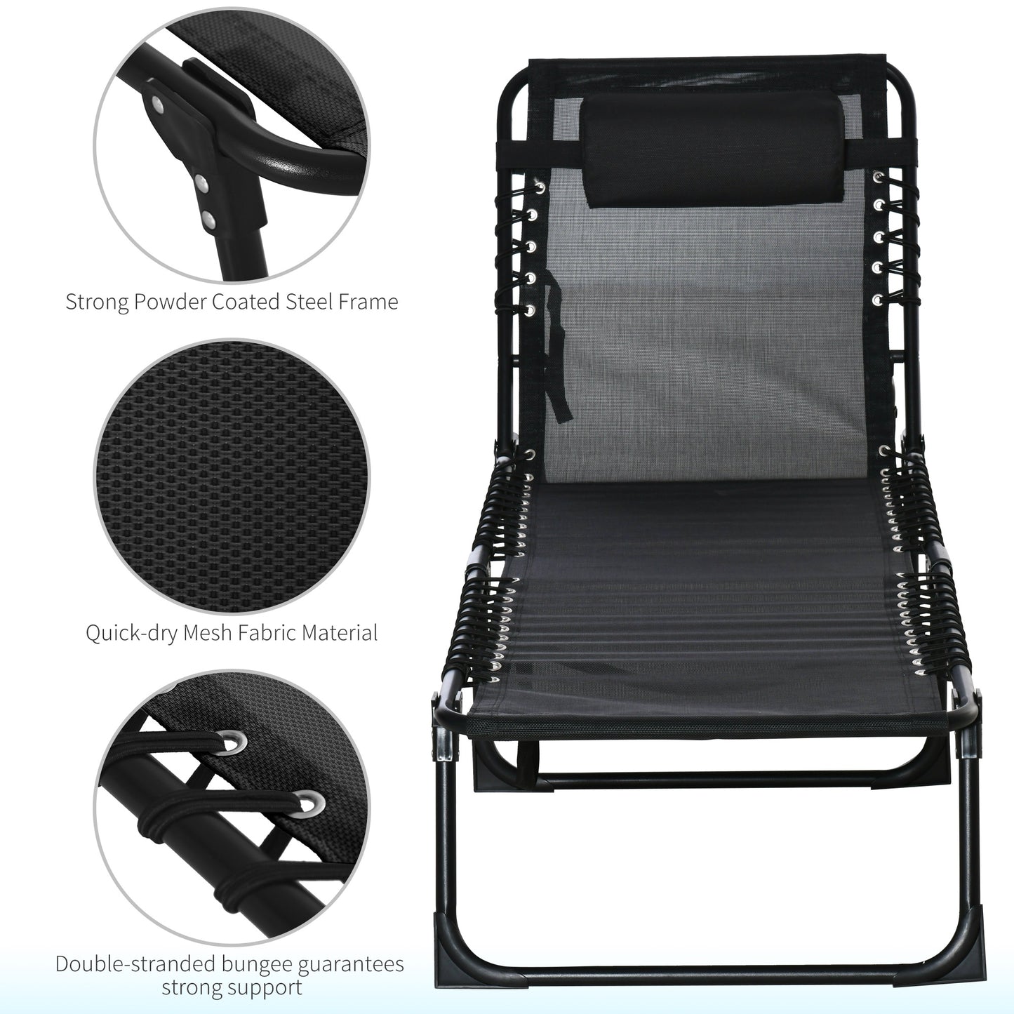 Folding Sun Lounger, 3 Positions-Black