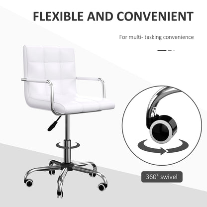 Meeting Chair, Mid Back PU Leather Home Office Desk Chair Swivel with Arm, Wheels, Adjustable Height, White