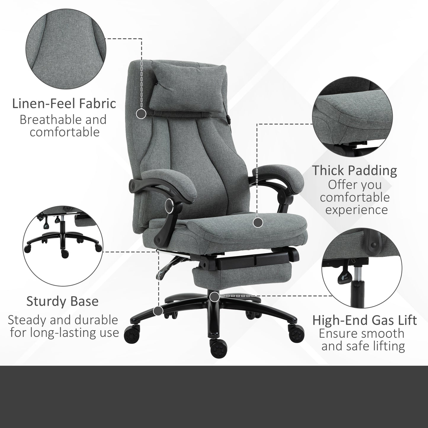 Office Chair with Footrest, Two-Point Massage Pillow, 130° Reclining, Linen, Adjustable Height, Grey