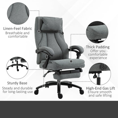 Office Chair with Footrest, Two-Point Massage Pillow, 130° Reclining, Linen, Adjustable Height, Grey