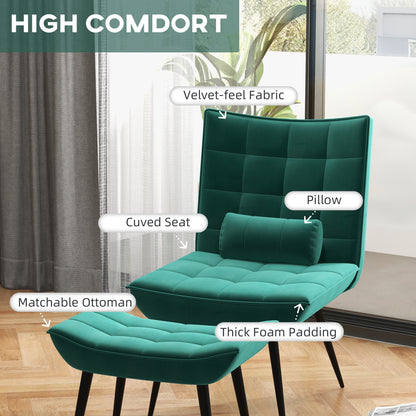 Reading Chair with Footstool, Armless, Modern Tufted Upholstered Lounge Chair w/ Pillow, Steel Legs for Living Room, Green