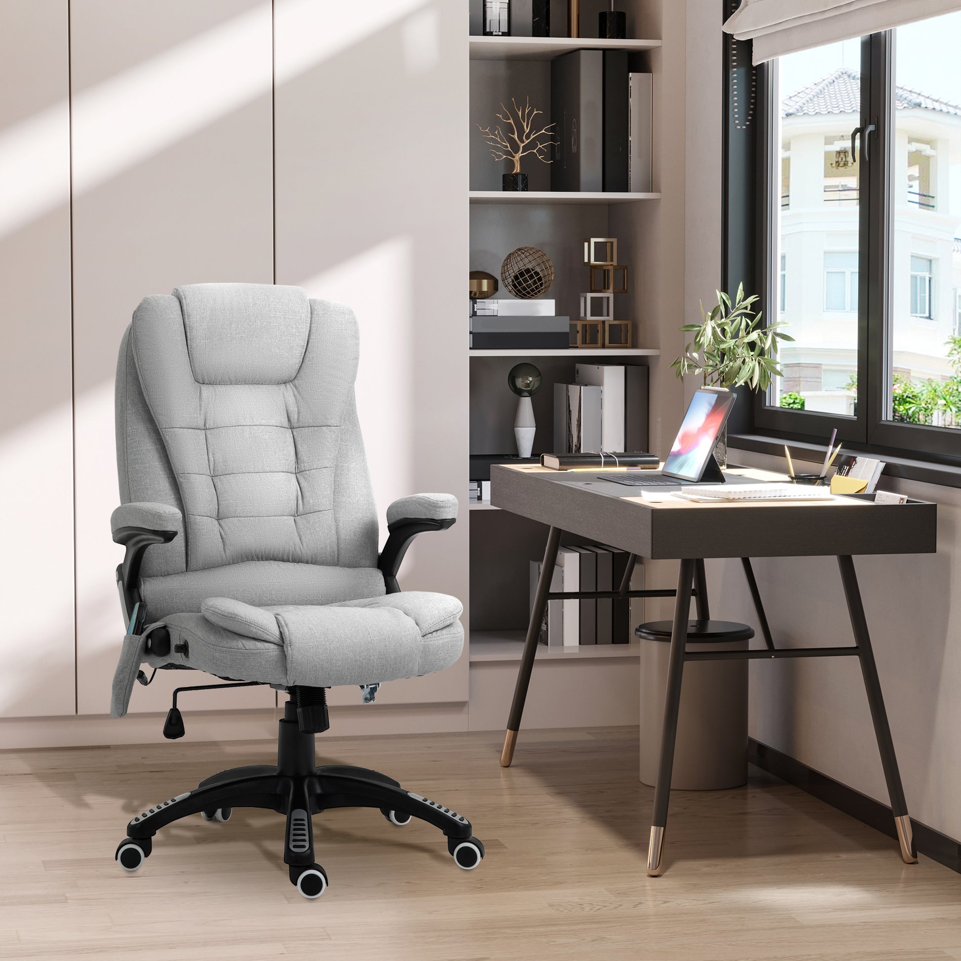 Vinsetto Massage Office Chair Recliner Ergonomic Gaming Heated Home Office Padded  Linen-Feel Fabric & Swivel Base Light Grey