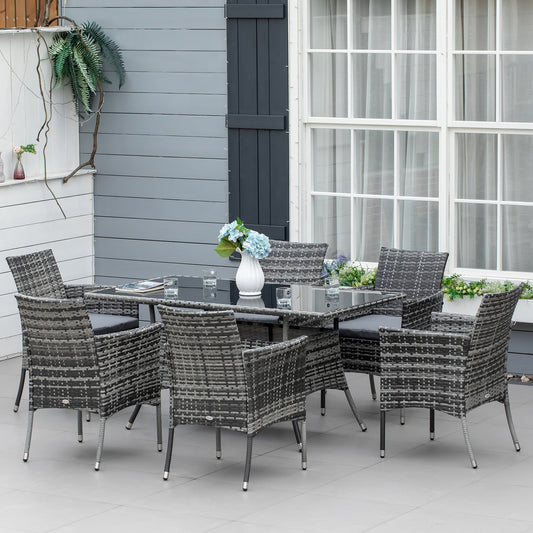 Outsunny 6-Seater Rattan Dining Set Garden Furniture Patio Rectangular Table Cube Chairs Outdoor Fire Retardant Sponge Grey