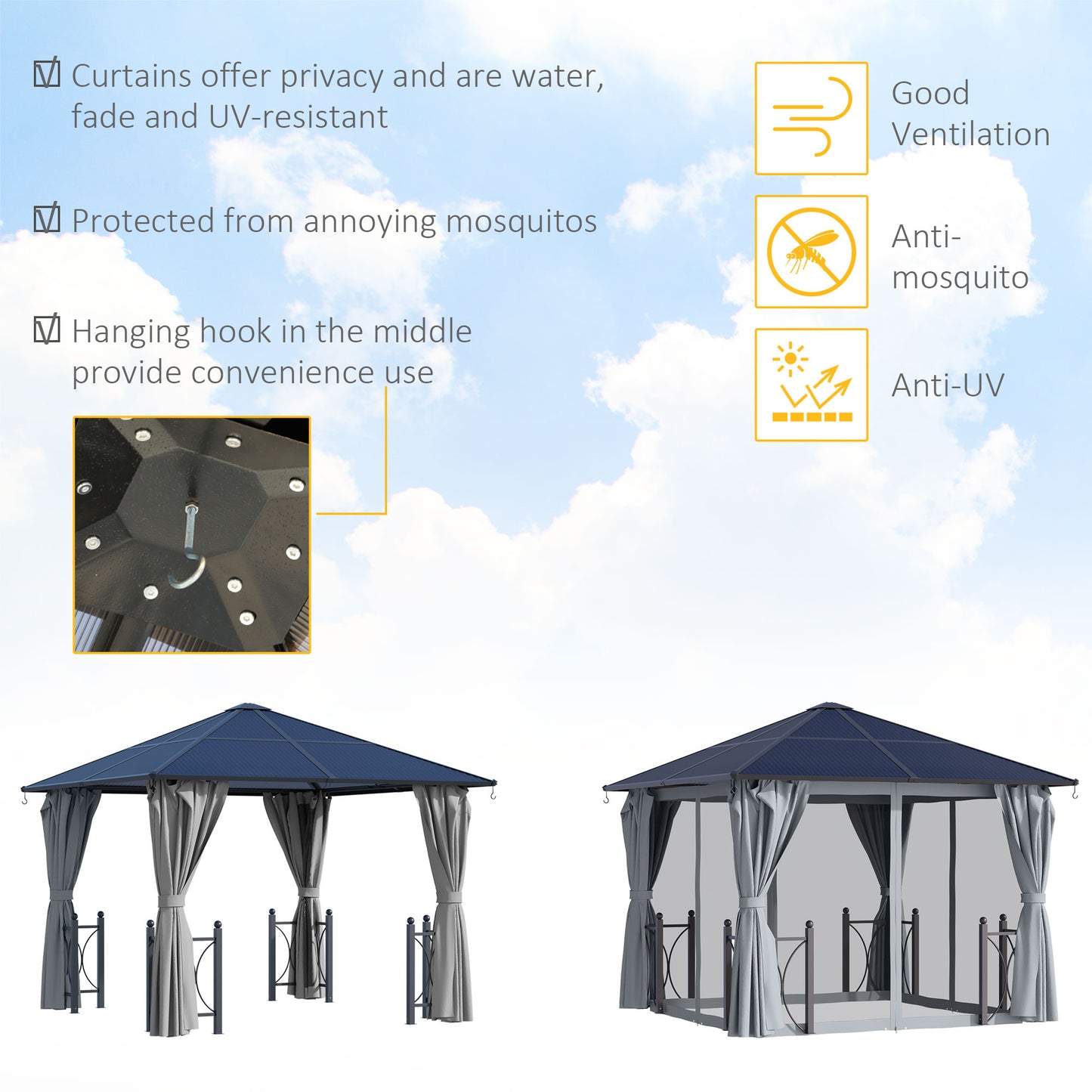 3m x 3m Outdoor Aluminium Alloy Gazebo w/ Curtains Dark Grey