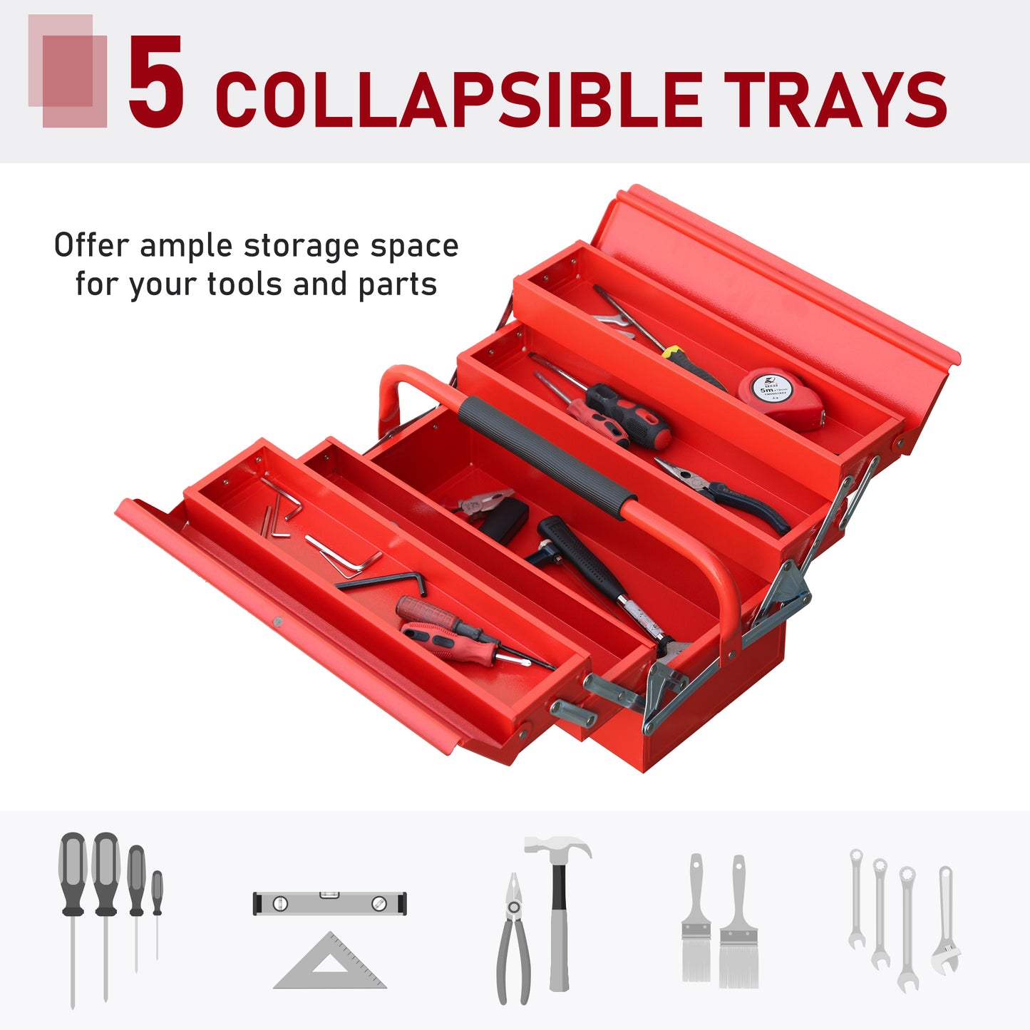 Metal Tool Box 3 Tier 5 Tray Professional Portable Storage Cabinet Workshop Cantilever Toolbox with Carry Handle-Red