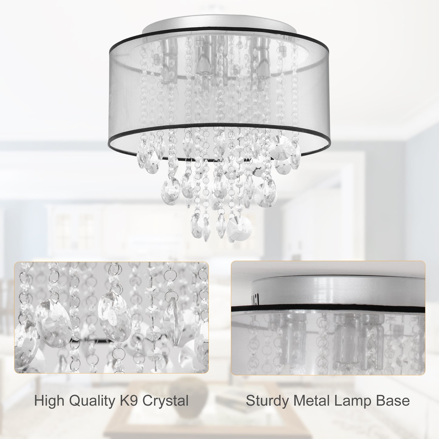 Small Living Room Ceiling Lights, Modern Crystal Chandelier Flush Mount with Drum Shade for Silver