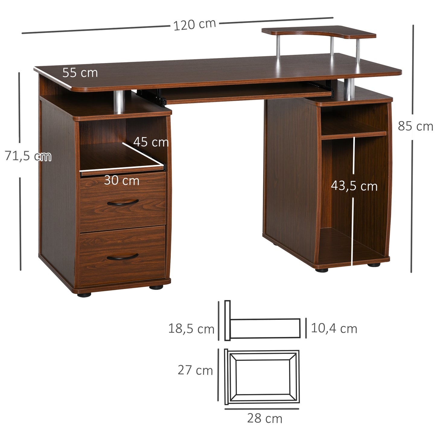 Computer Office Desk PC Table Workstation with  Keyboard Tray, CPU Shelf, Drawers, Sliding Scanner Shelf, Walnut Brown