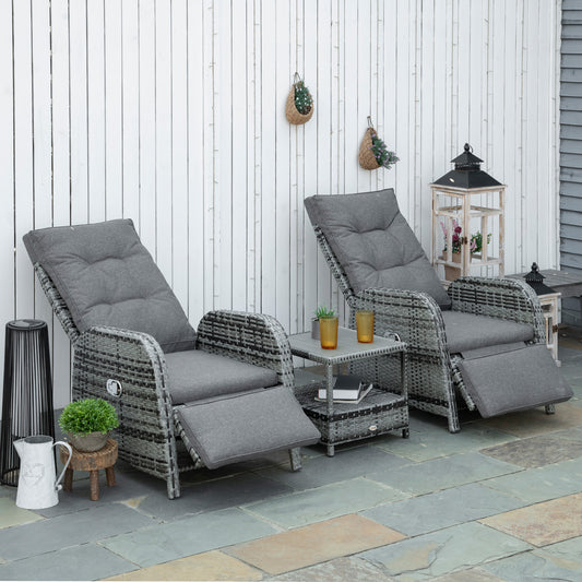 Outsunny 3 Pieces Patio Rattan Wicker Chaise Lounge Sofa Set Bistro Conversation Furniture with Cushion for Patio Yard Mixed Grey 