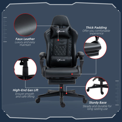 Reclining Gaming Chair with Footrest, Ergonomics, Swivel Wheel, , PVC Leather for Home Office, Black