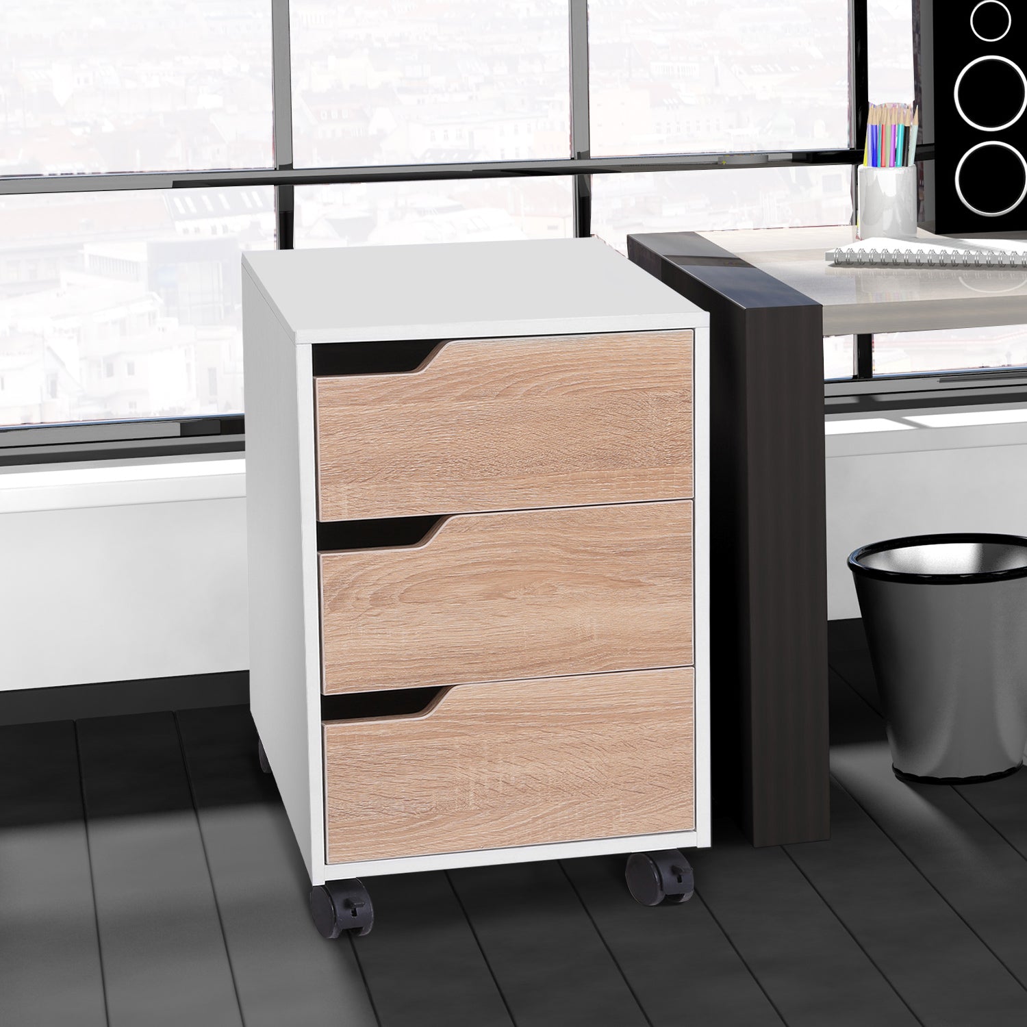 HOMCOM 3 Drawer File Cabinet, Mobile, Lockable, MDF-Oak/White Colour