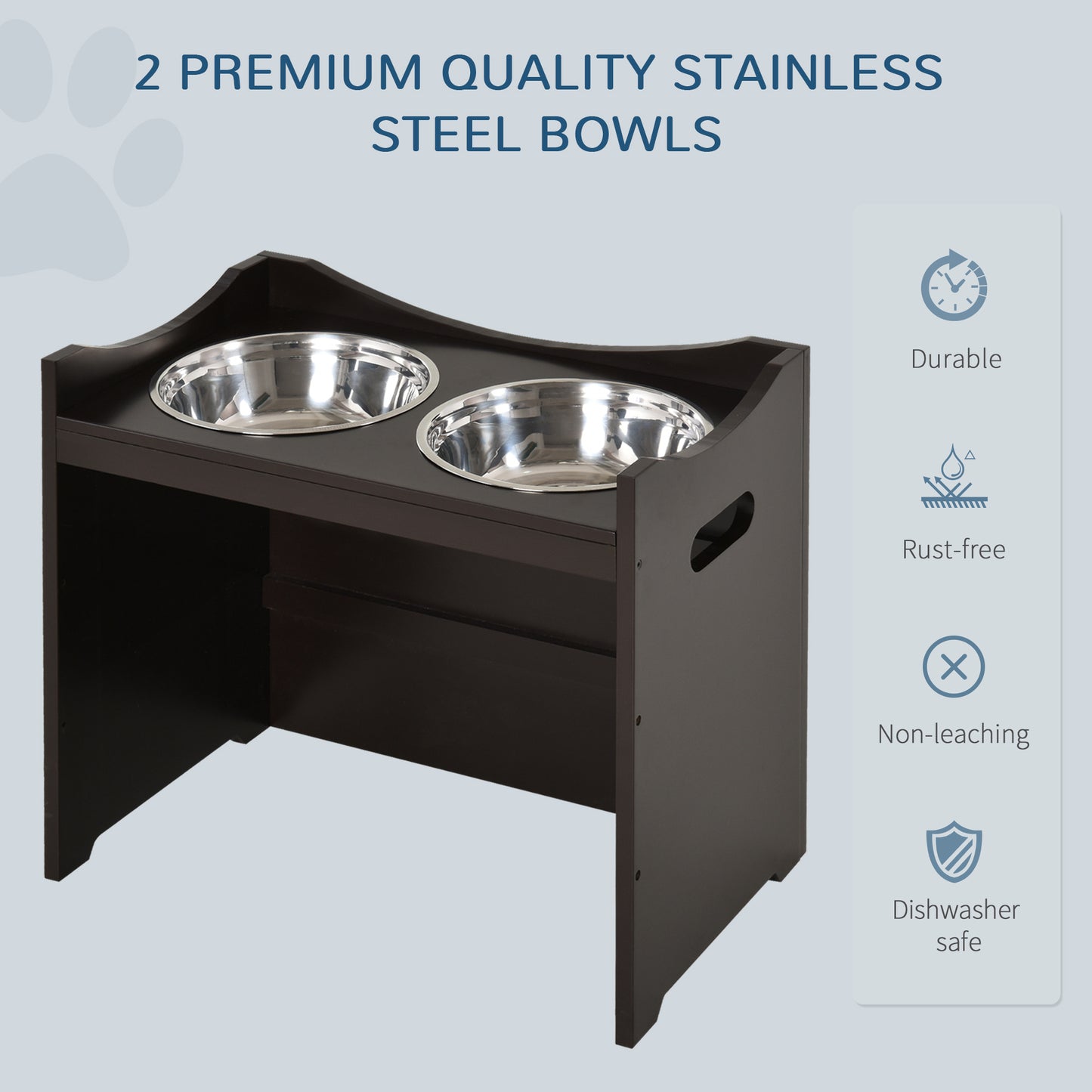 Elevated Duo Pet Feeder w/ 2 Stainless Steel Bowls MDF Frame Adjustable Shelf Handles Raised Dog Cat Food Drink 47x54cm Brown