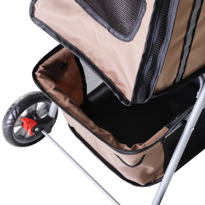 Cat Stroller, Pram, Pushchair, Foldable, Zipper Entry Cup Holder Carrier Cart Wheels-Brown/Silver