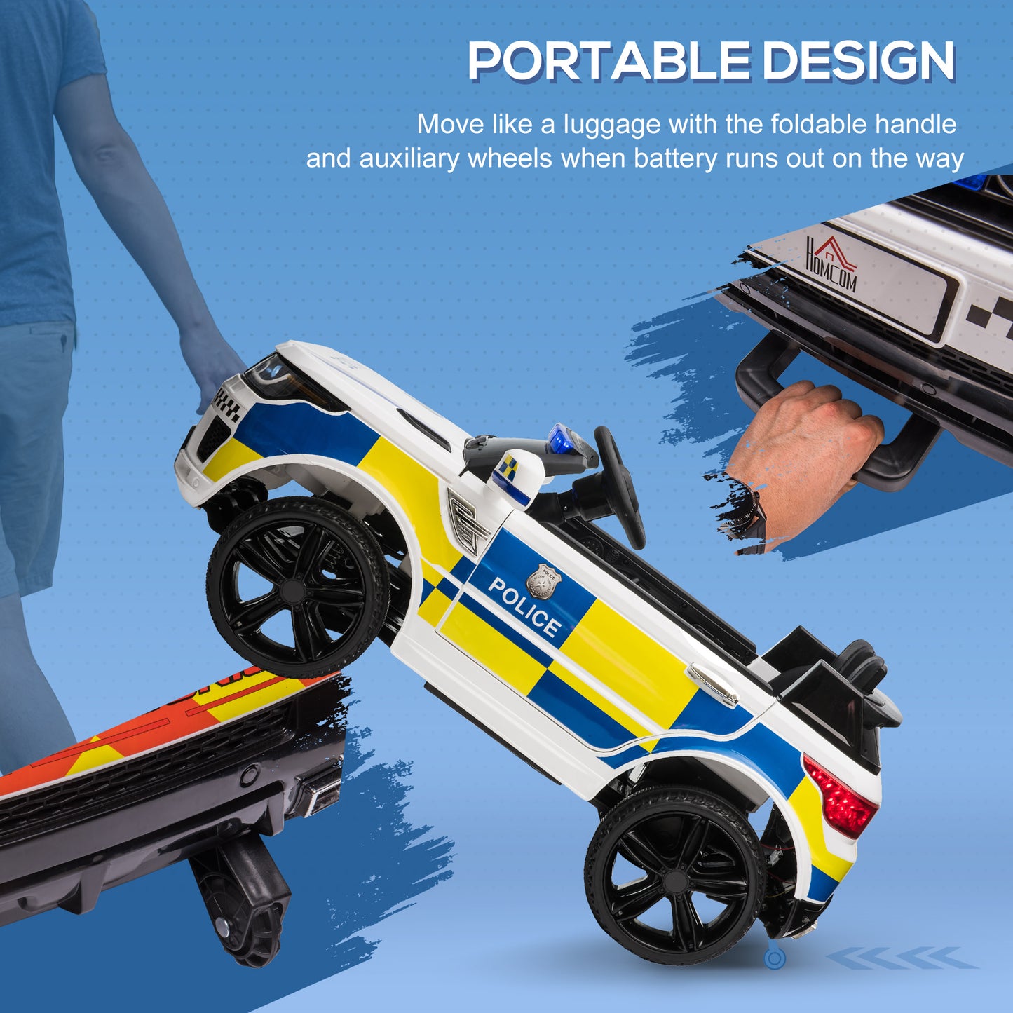 12V Kids Portable Electric Ride On Police Car with Parental Remote Control Siren Flashing Lights USB Bluetooth White