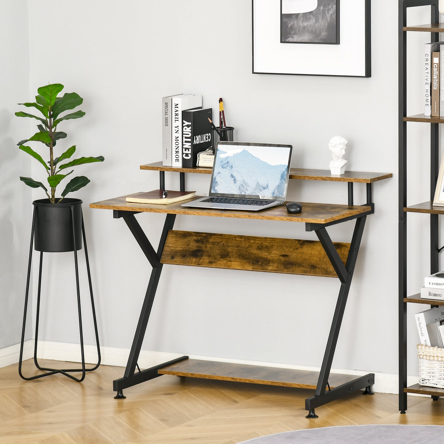 Compact Computer Table, Z Shape Desk with Monitor Shelf and Storage for Home Office, 100cm, Brown